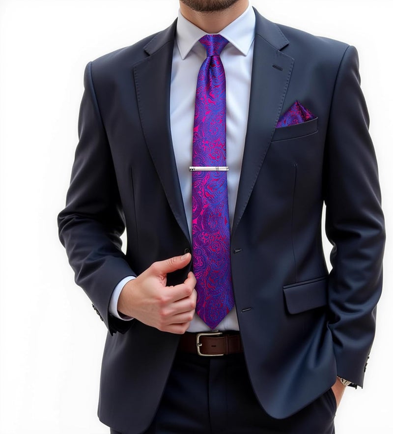 DiBanGu Paisley Ties for Men Silk Necktie and Pocket Square Cufflinks Tie Clip Set Woven Classic Mens Tie for Wedding Party - Image 2